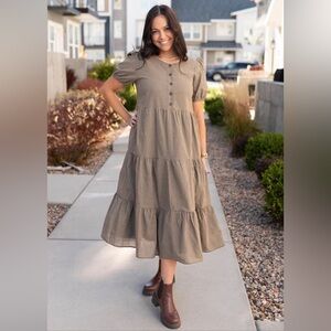 orange creek Olive Green Tiered Button-Front Midi Dress